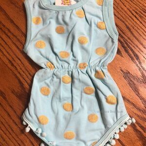 Aqua & Gold Pom Pom Romper  509S  Small 6-12 Mos  NWT Boutique